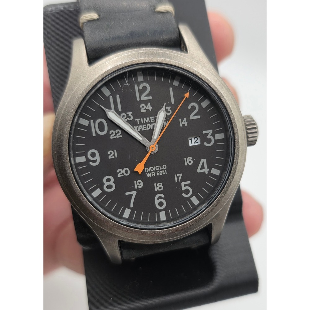 Timex Expedition Scout Mens Watch Black Dial Gunmetal Case Leather Strap